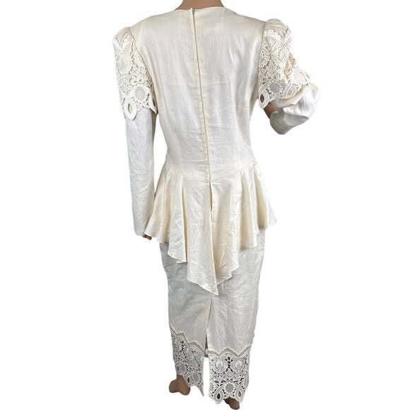 Vintage Jessica McClintock Linen & Lace Peplum Dress Cottagecore  Rare Unique - Picture 3 of 15